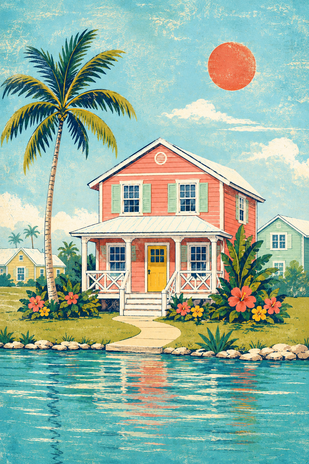 A colourful hand-drawn Florida cottage beside a lake