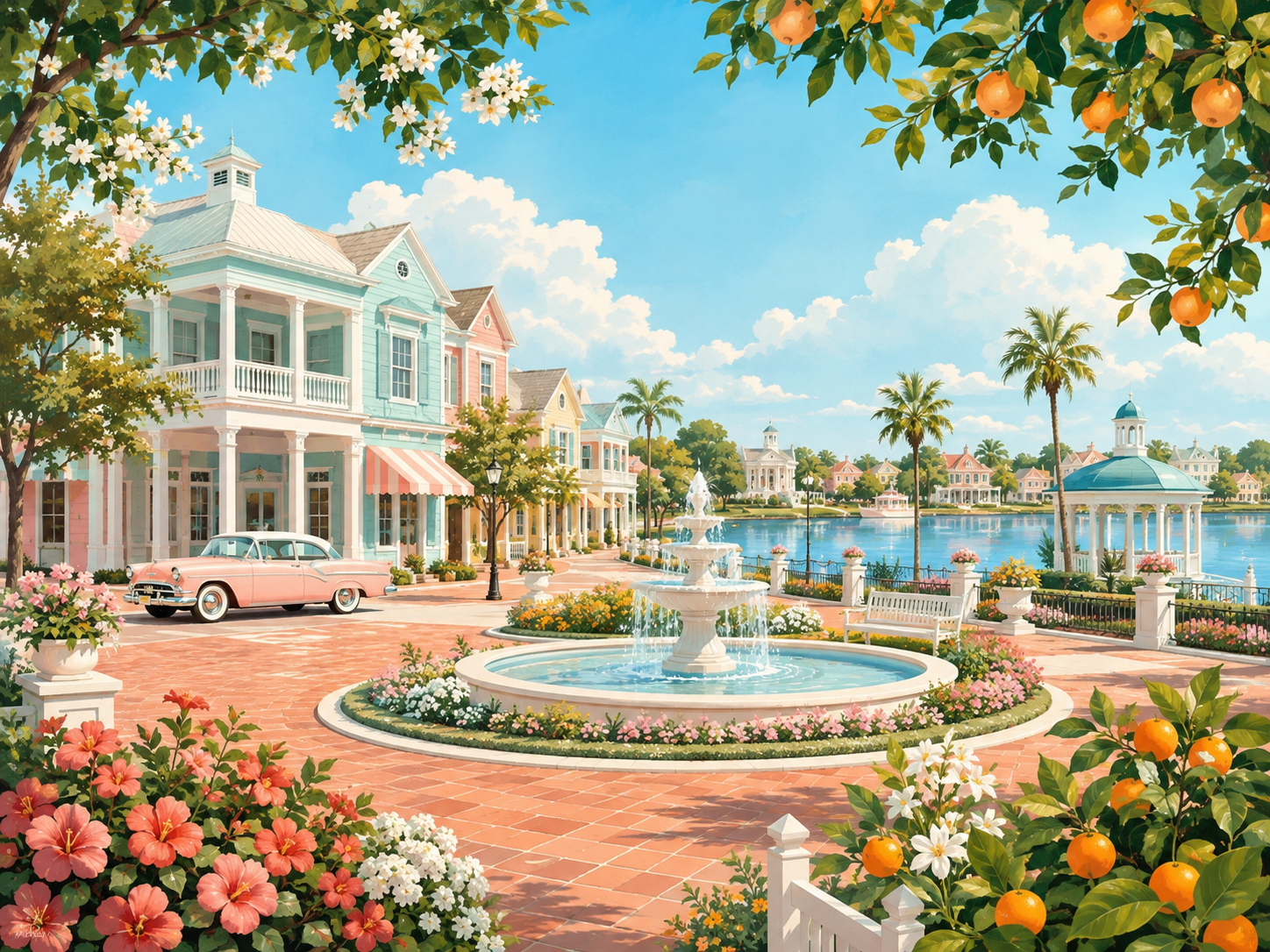 Whimsical pastel Florida town beside a lake
