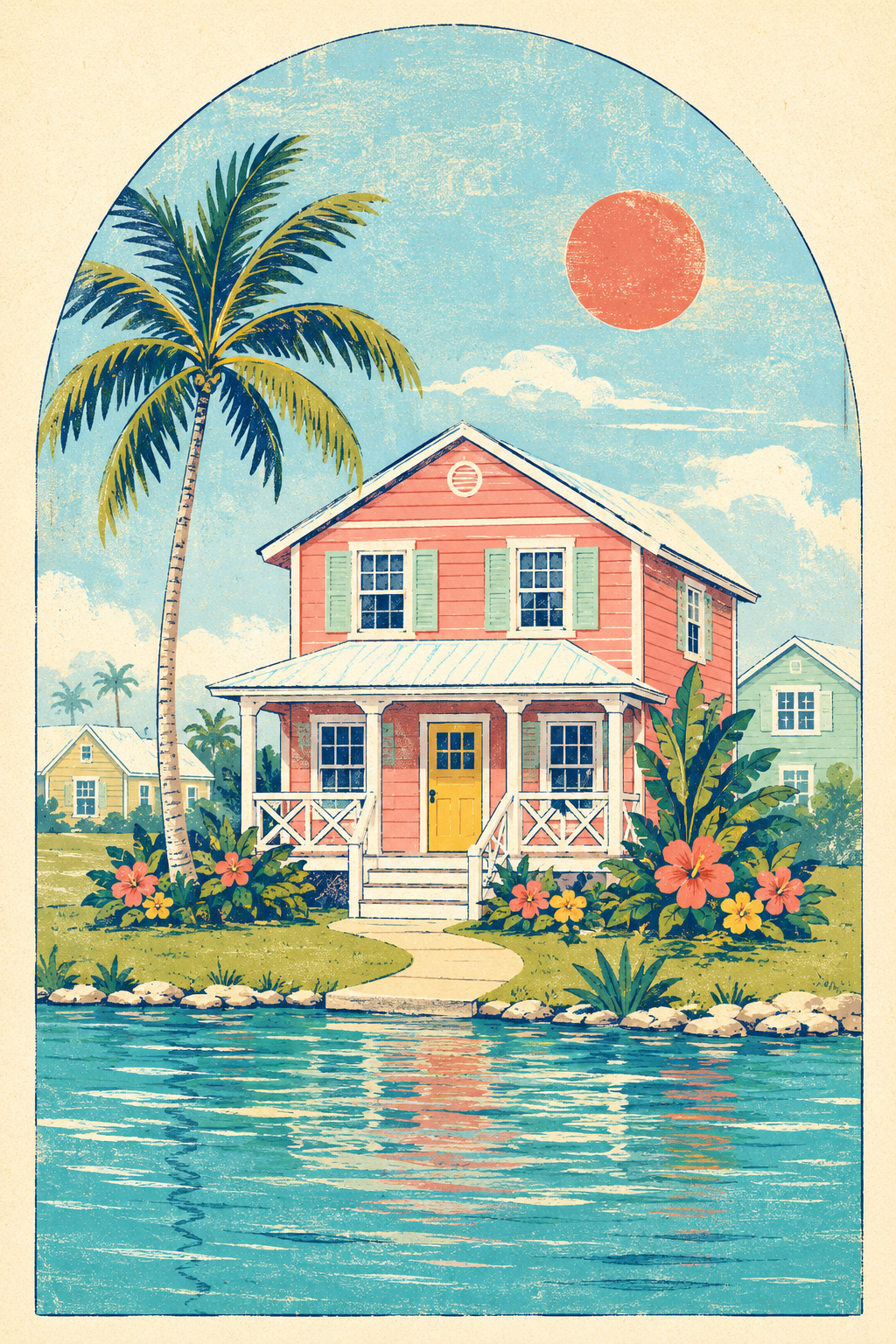 A colourful hand-drawn Florida cottage beside a lake